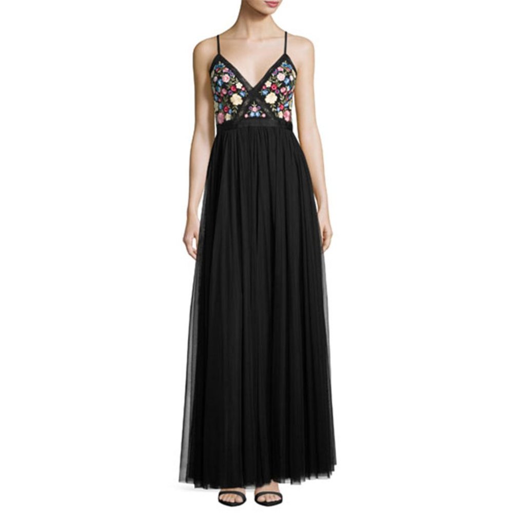 NWT Embroidered Needle & Thread Black Formal Gown